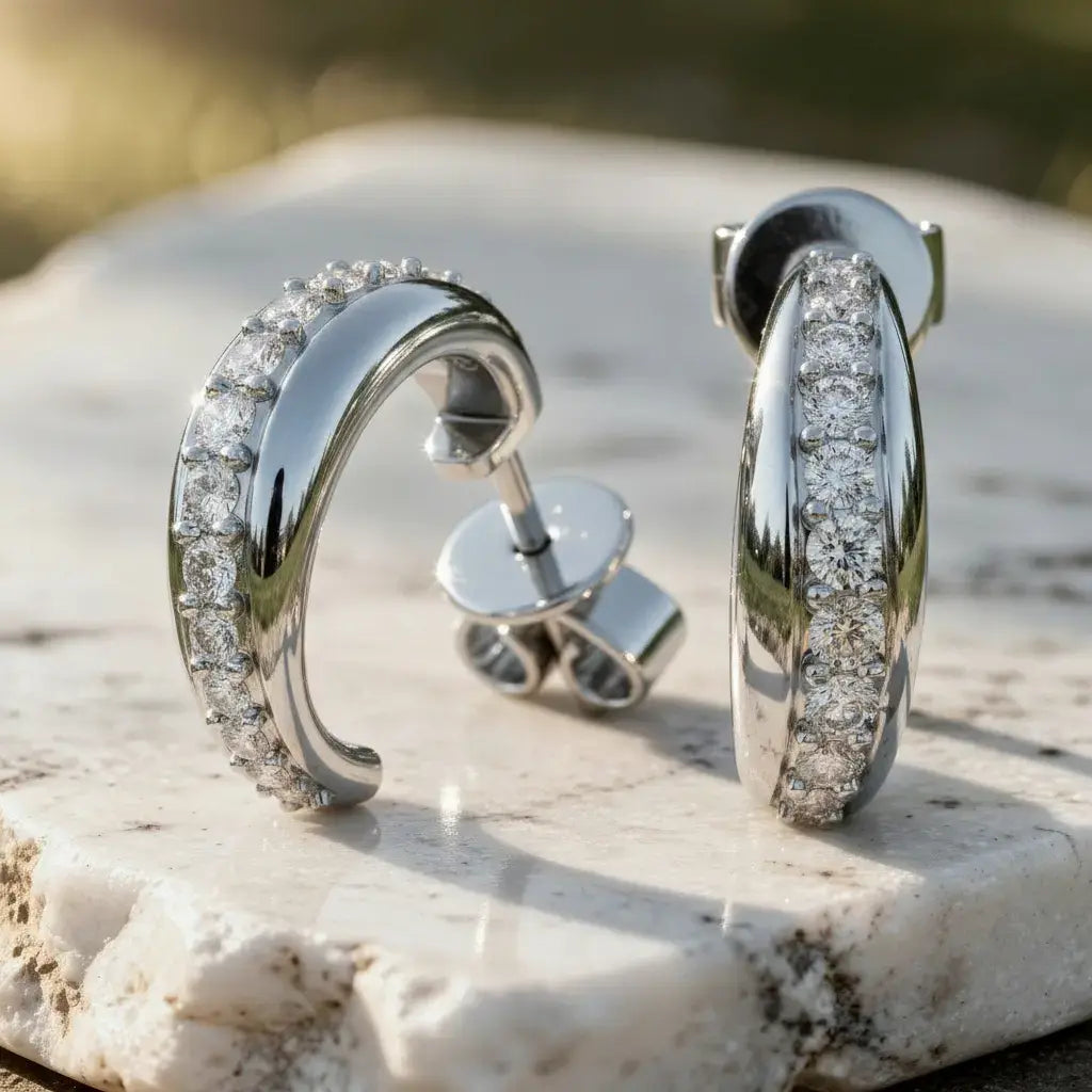Pair-Shot: Round Diamond Hoop Earrings with Pave Setting in 14k White Gold - Lab Grown - Driona Jewels
