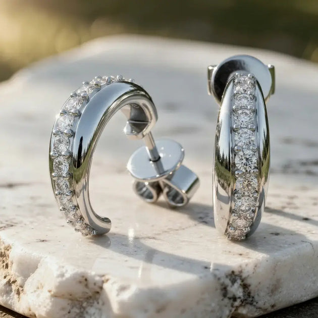 Pair-Shot: Round Diamond Hoop Earrings with Pave Setting in 14k White Gold - Lab Grown - Driona Jewels