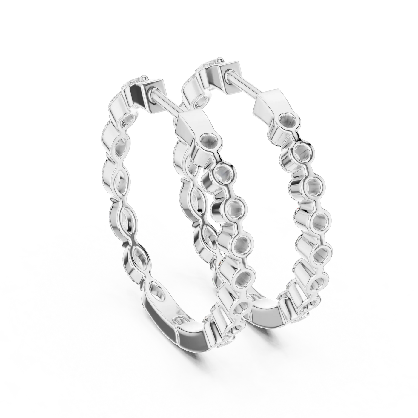 Pair-shot: Round Diamond Hoop Earrings with Pave Setting in 14k White Gold - Lab Grown - Driona Jewels