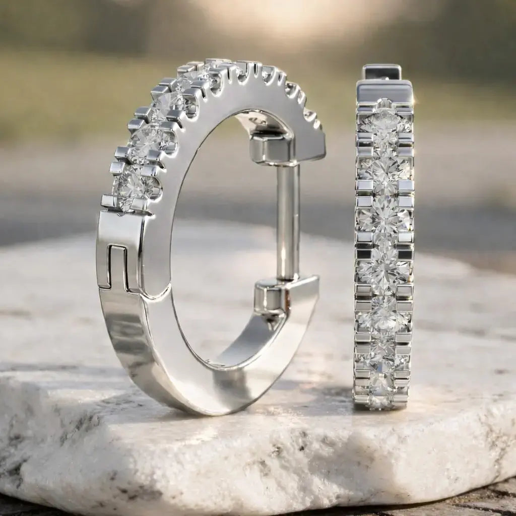 Pair Shot: Round Diamond Hoop Earrings with Pave Setting in 14k White Gold - Lab Grown - Driona Jewels