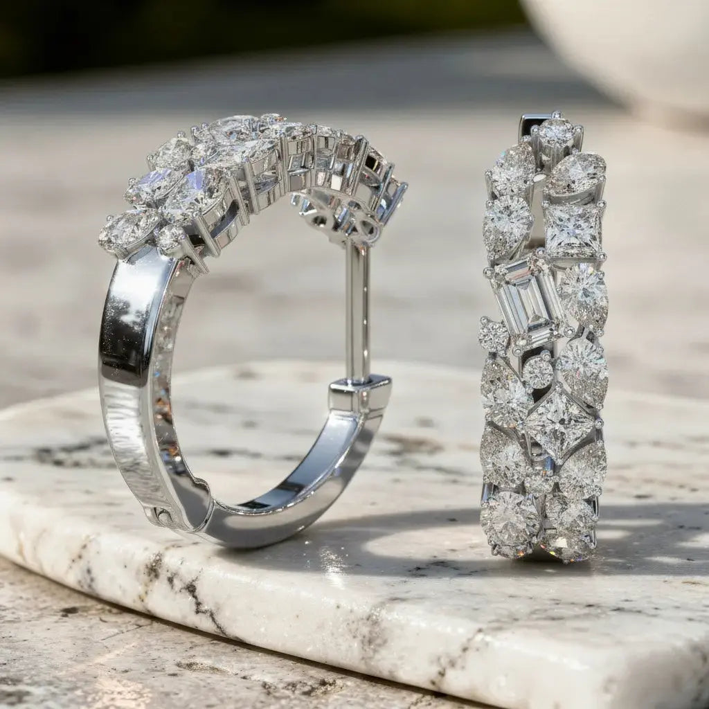 Pair-shot: Round Diamond Hoop Earrings with Pave Setting in 14k White Gold - Lab Grown - Driona Jewels