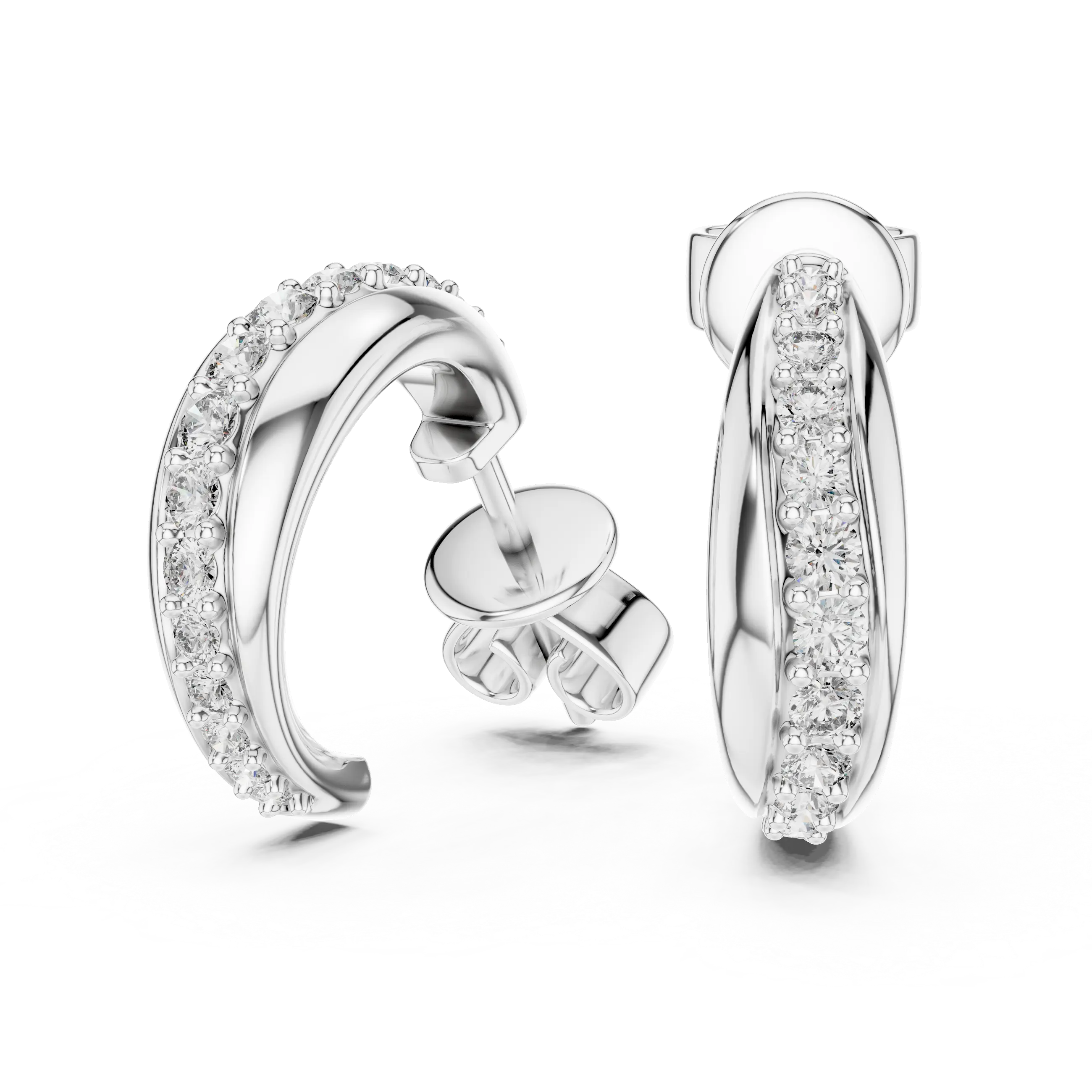 Pair-Shot: Round Diamond Hoop Earrings with Pave Setting in 14k White Gold - Lab Grown - Driona Jewels