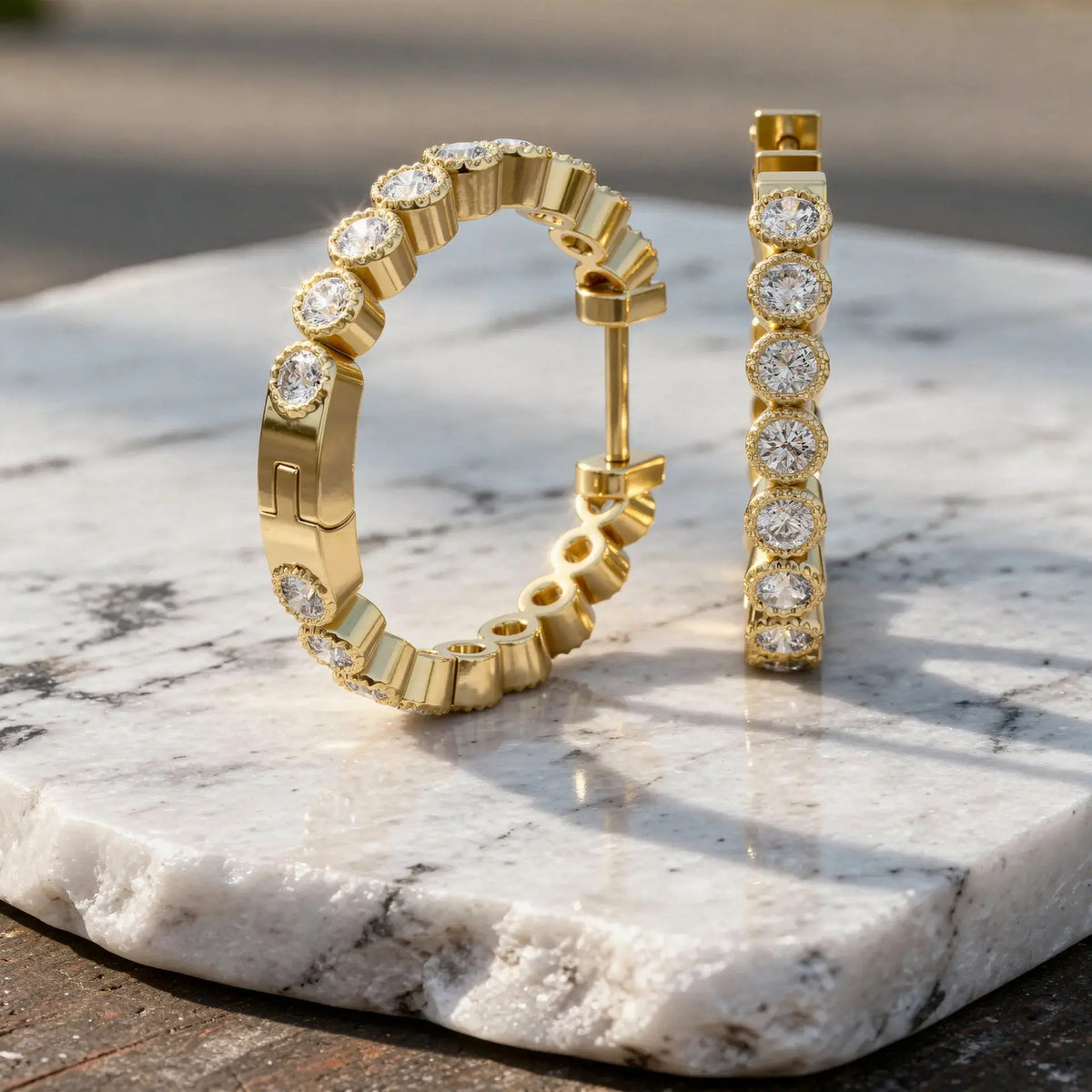 Flat Lay: Round Diamond Hoop with Pave Setting in 14k Yellow Gold - Lab Grown - Driona Jewels