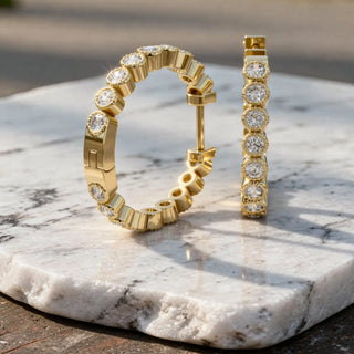 Flat Lay: Round Diamond Hoop with Pave Setting in 14k Yellow Gold - Lab Grown - Driona Jewels