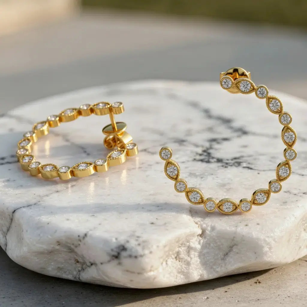 Flat Lay: Round Diamond Hoop Earrings with Pave Setting in 14k Yellow Gold - Lab Grown - Driona Jewels