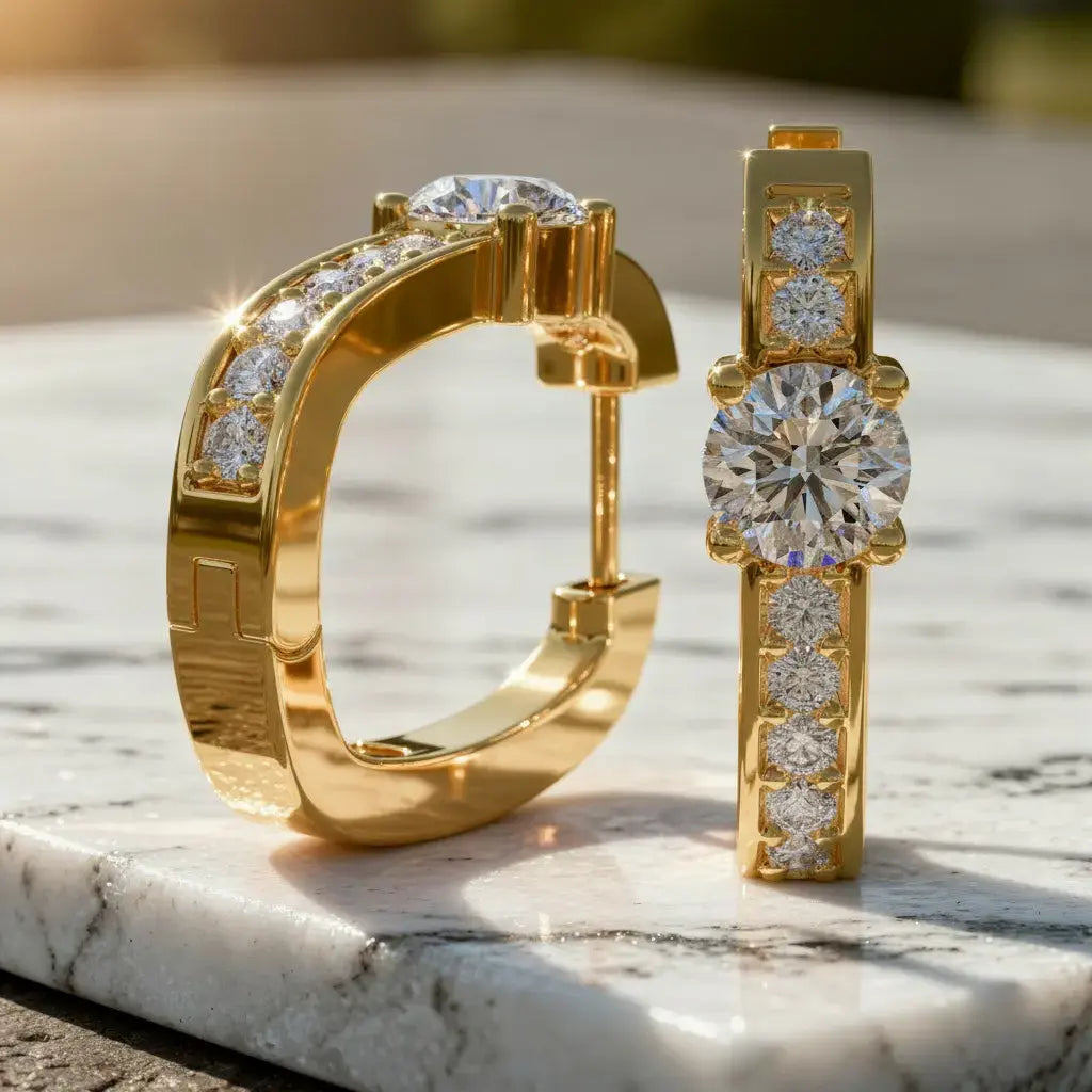 Flat Lay: Round Diamond Hoop Earrings with Pave Setting in 14k Yellow Gold - Lab Grown - Driona Jewels