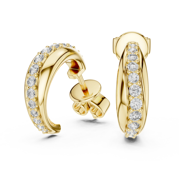 Pair-Shot: Round Diamond Hoop Earrings with Pave Setting in 14k Yellow Gold - Lab Grown - Driona Jewels
