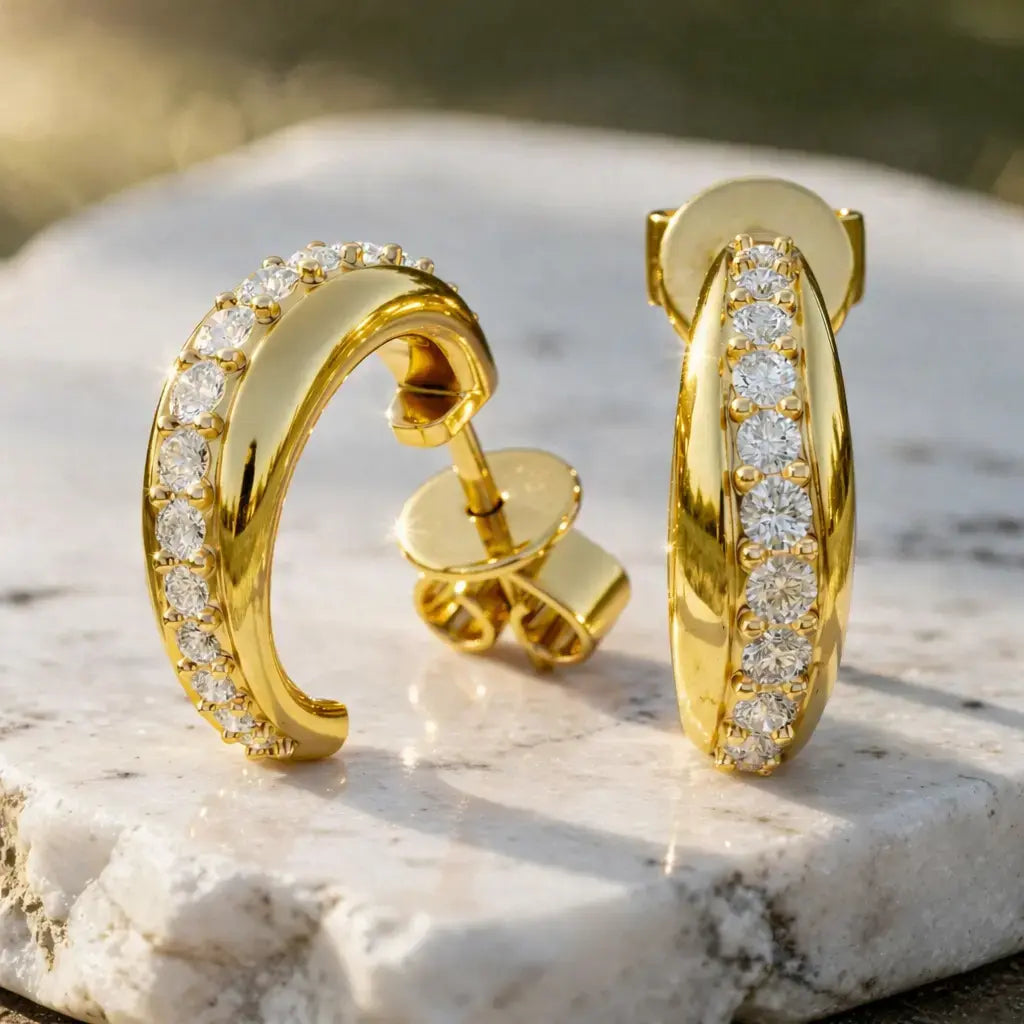 Pair-Shot: Round Diamond Hoop Earrings with Pave Setting in 14k Yellow Gold - Lab Grown - Driona Jewels