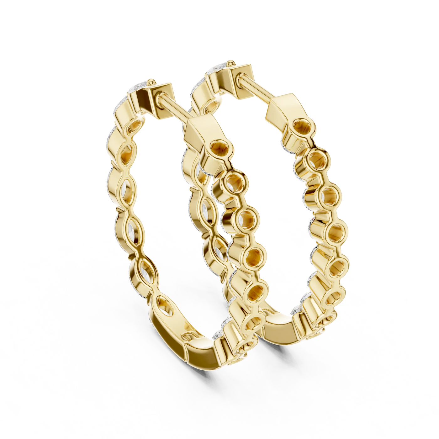Pair-shot: Round Diamond Hoop Earrings with Pave Setting in 14k Yellow Gold - Lab Grown - Driona Jewels