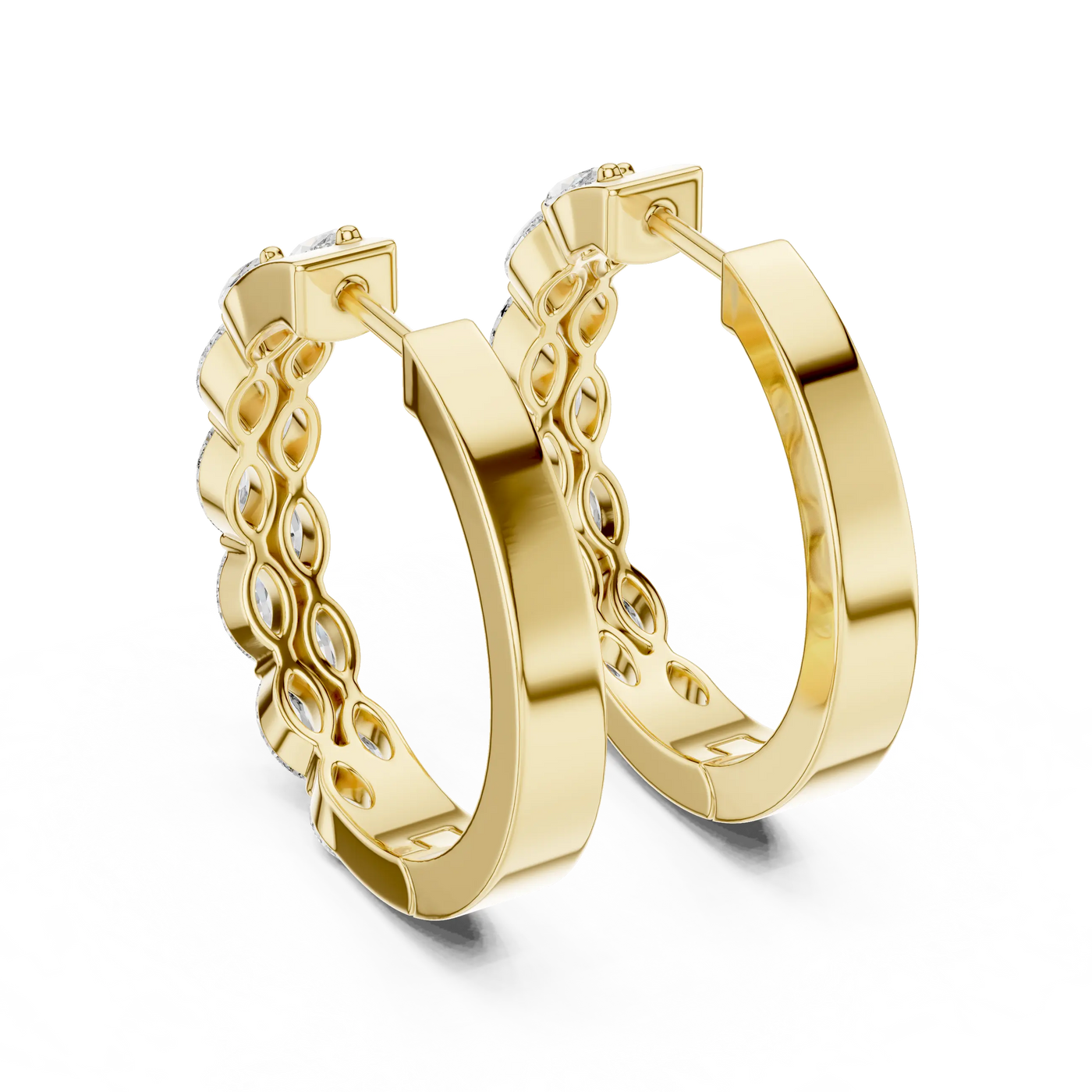 Pair-Shot: Round Diamond Hoop Earrings with Pave Setting in 14k Yellow Gold - Lab Grown - Driona Jewels
