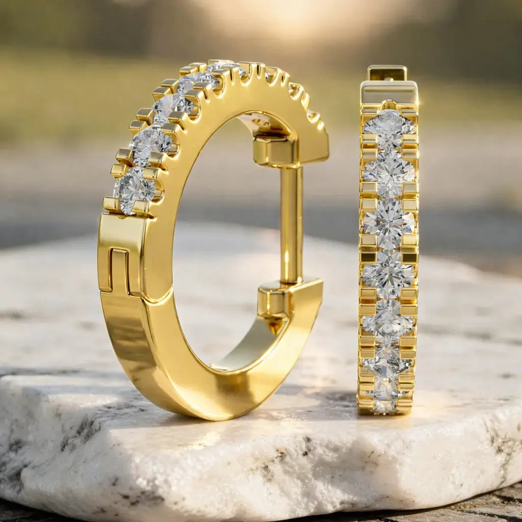 Pair Shot: Round Diamond Hoop Earrings with Pave Setting in 14k Yellow Gold - Lab Grown - Driona Jewels