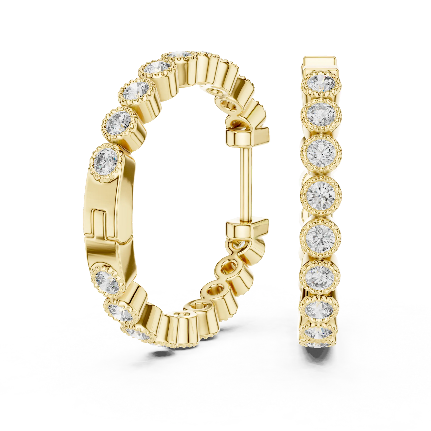 Pair-shot: Round Diamond Hoop Earrings with Pave Setting in 14k Yellow Gold - Lab Grown - Driona Jewels