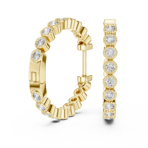 Pair-shot: Round Diamond Hoop Earrings with Pave Setting in 14k Yellow Gold - Lab Grown - Driona Jewels