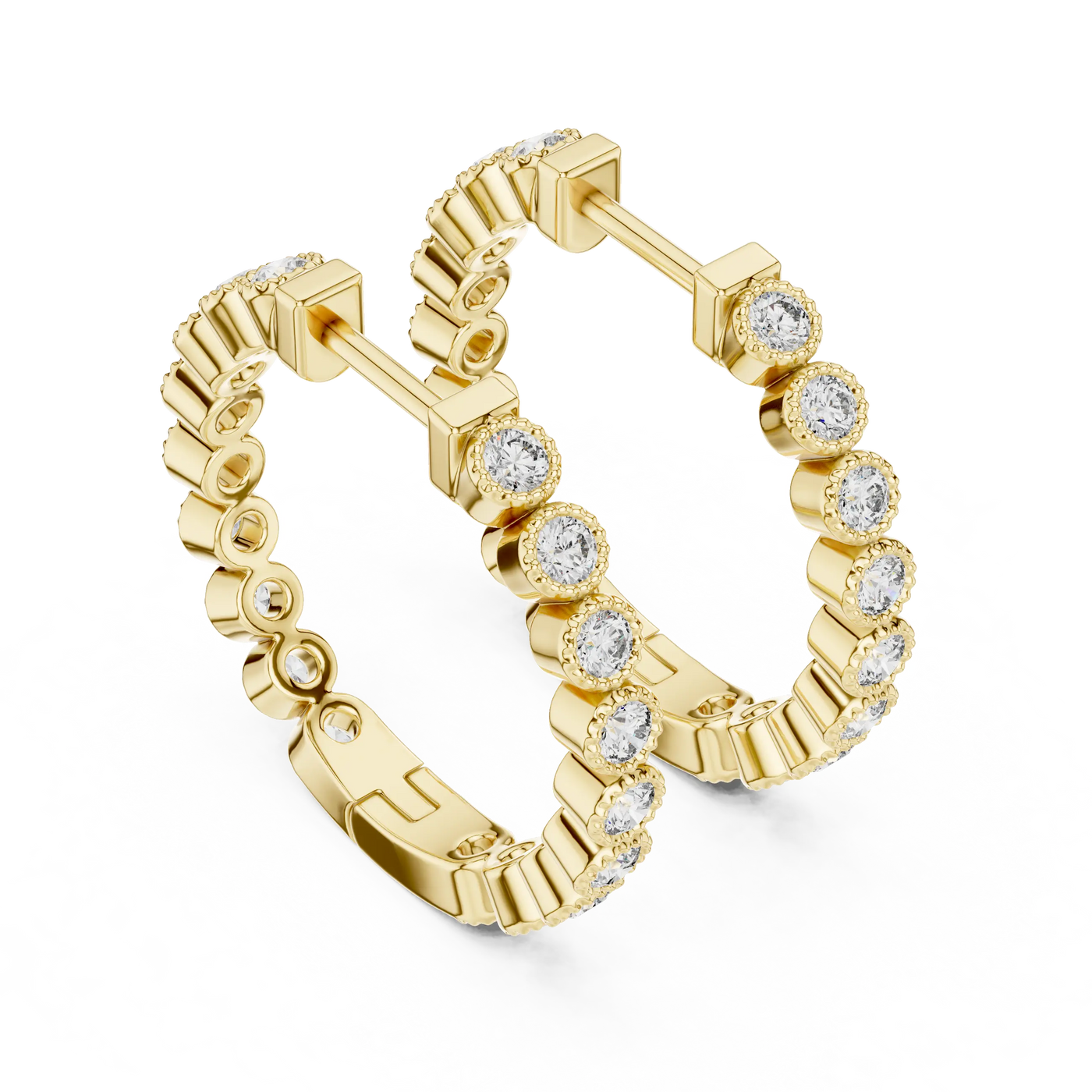 Pair Shot: Round Diamond Hoop Earrings with Pave Setting in 14k Yellow Gold - Lab Grown - Driona Jewels