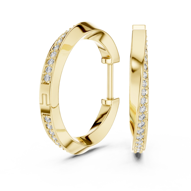 Pair-shot: Round Diamond Hoop Earrings with Pave Setting in 14k Yellow Gold - Lab Grown - Driona Jewels