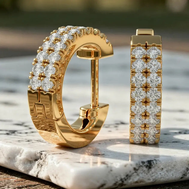 Pair-shot: Round Diamond Hoop Earrings with Pave Setting in 14k Yellow Gold - Lab Grown - Driona Jewels
