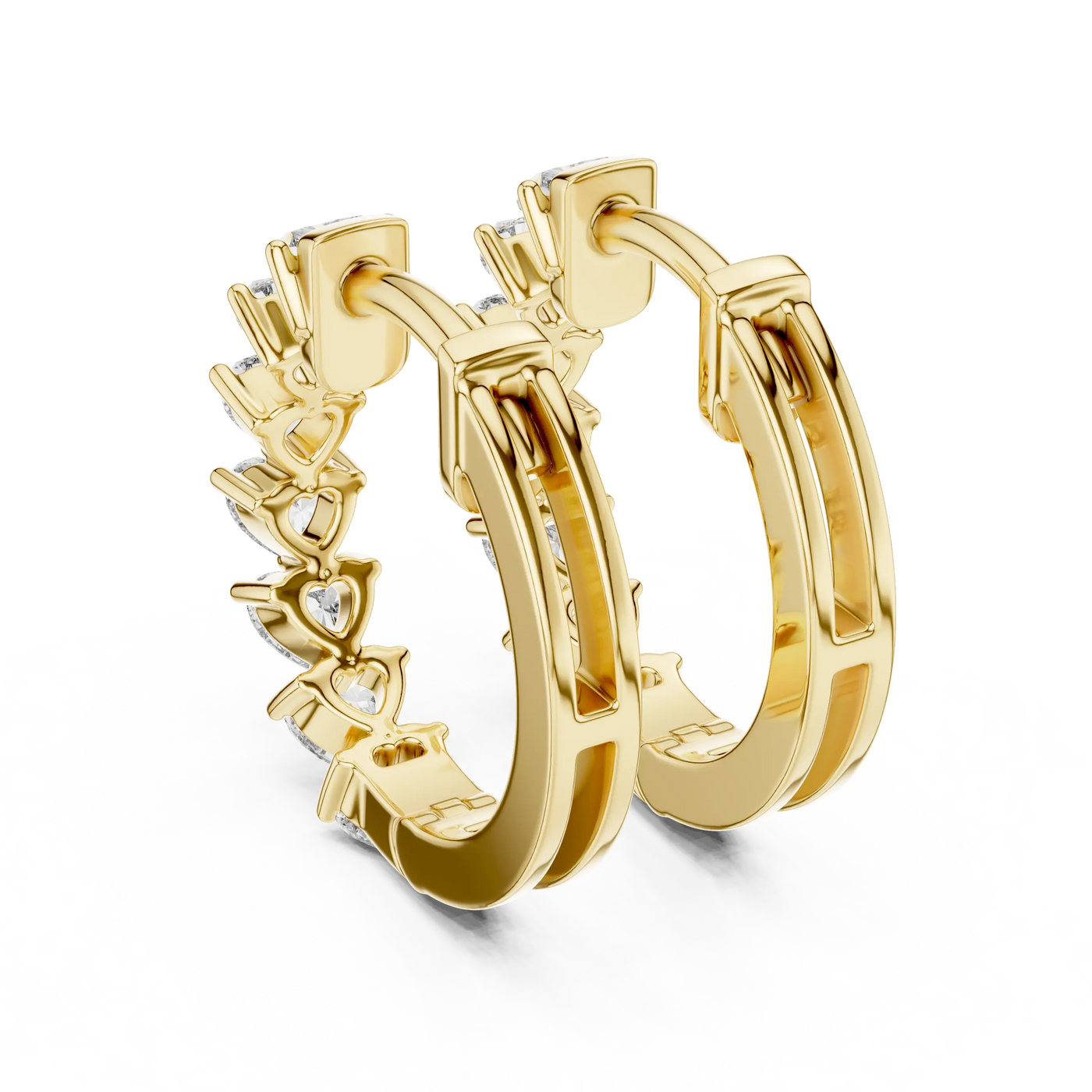 Pair-Shot: Round Diamond Hoop Earrings with Prong Setting in 14k Yellow Gold - Lab Grown - Driona Jewels