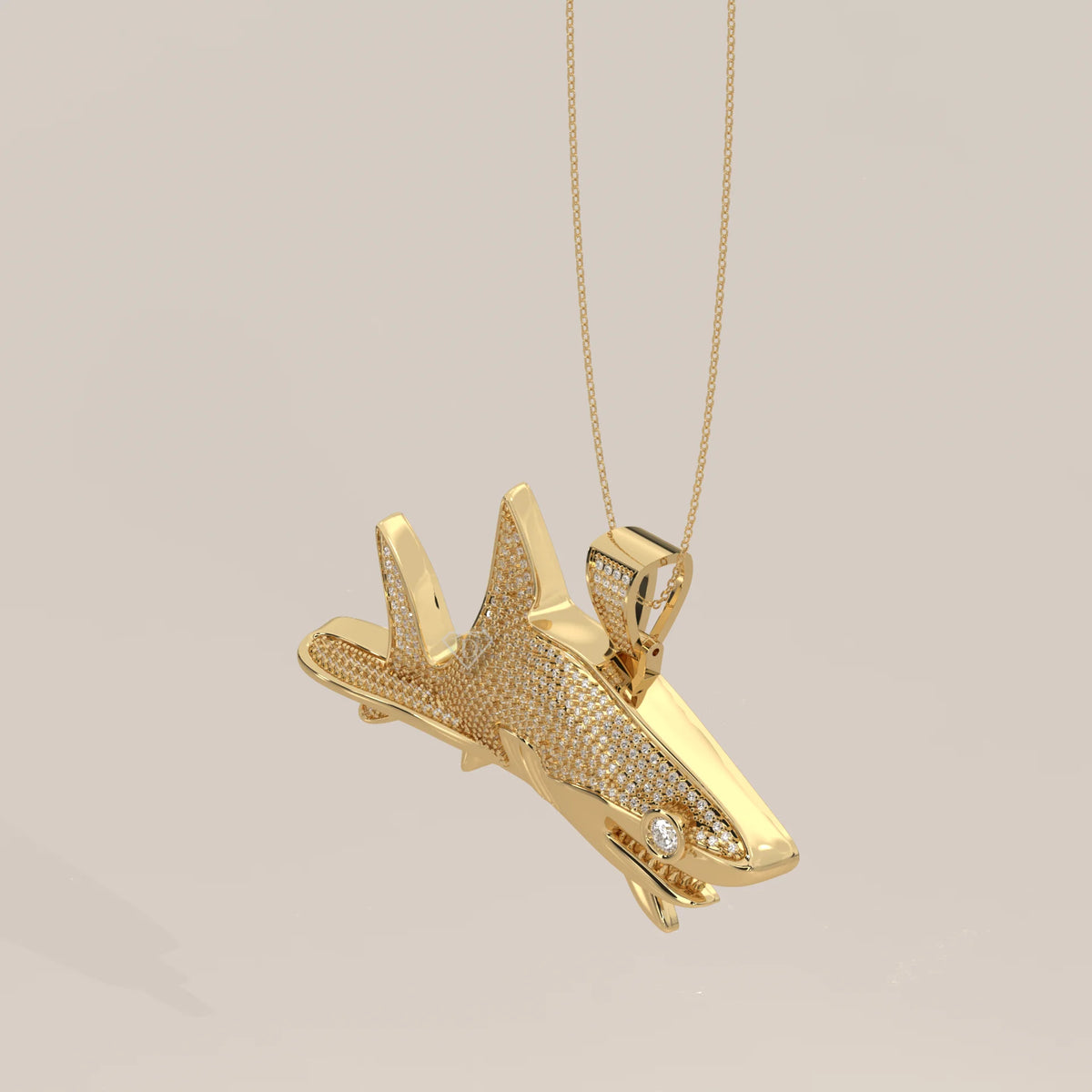 Iced Out Pave Lab Grown Diamond Shark Pendant with Bezel Eye in yellow gold, shown at an angle.