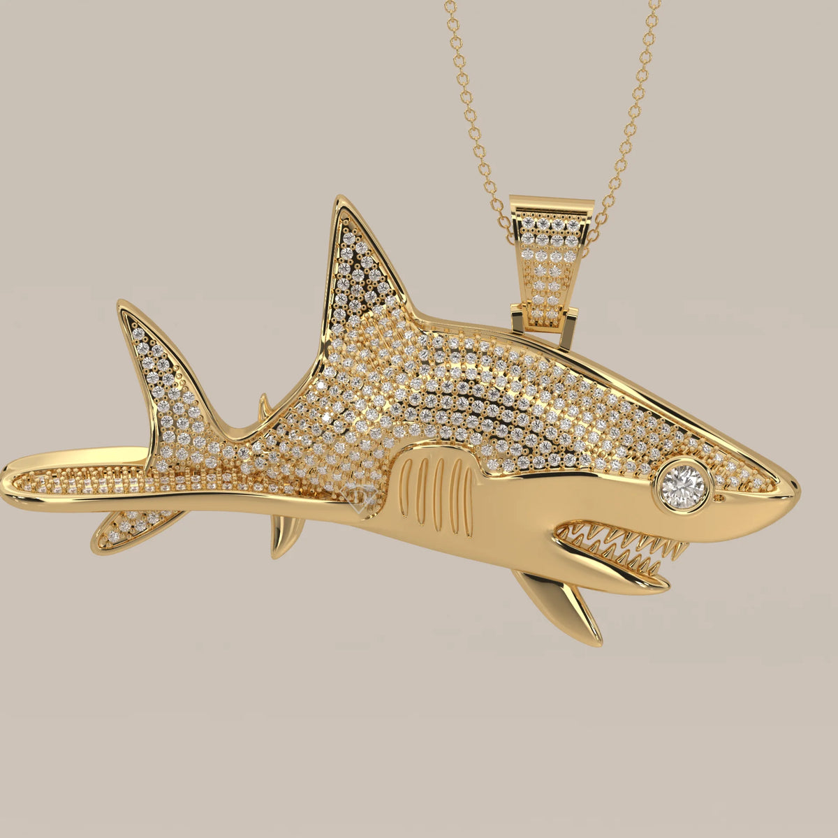 Iced Out Pave Lab Grown Diamond Shark Pendant with Bezel Eye in yellow gold, angled view on a plain background.