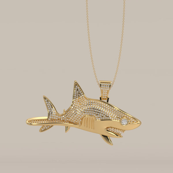 Iced Out Pave Lab Grown Diamond Shark Pendant with Bezel Eye in yellow gold, shown from the front.