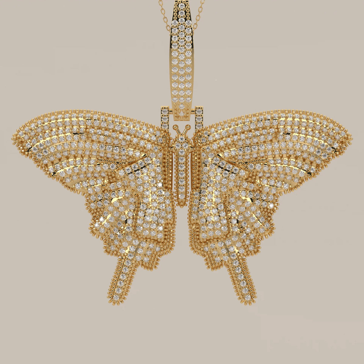 Iced Out Pave Lab Grown Diamond Swallowtail Butterfly Pendant in yellow gold, front view on a plain background.