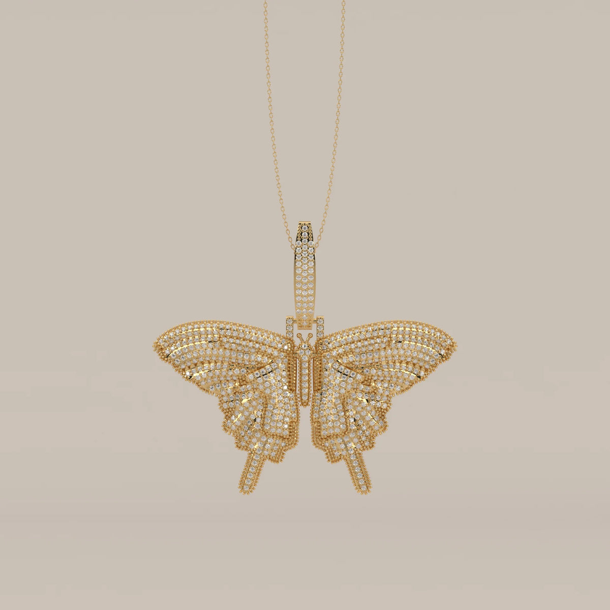 Iced Out Pave Lab Grown Diamond Swallowtail Butterfly Pendant in yellow gold, shown from the front.