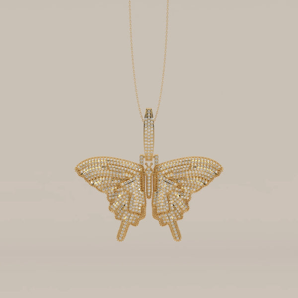 Iced Out Pave Lab Grown Diamond Swallowtail Butterfly Pendant in yellow gold, shown from the front.