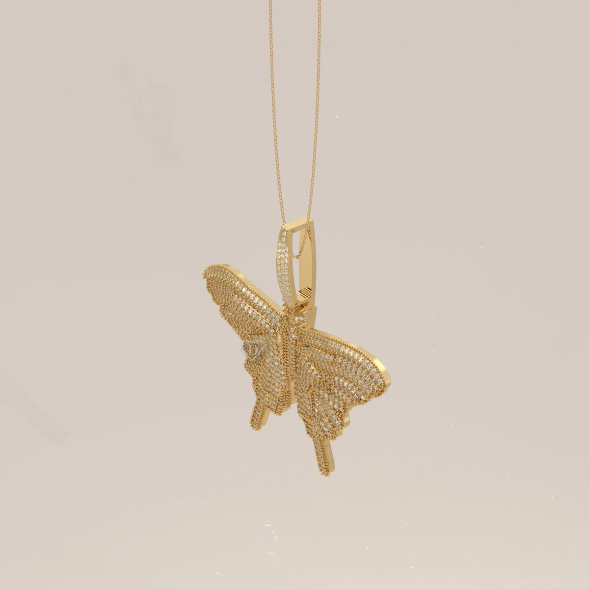 Iced Out Pave Lab Grown Diamond Swallowtail Butterfly Pendant in yellow gold, shown from the side.