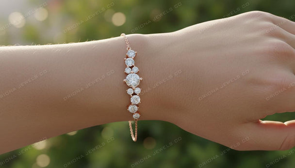 Round Diamond Station Bracelet, Solid Gold Chain Bracelet