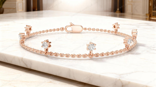 Diamond Station Bracelet, Solid Gold Chain, Minimalist Jewelry