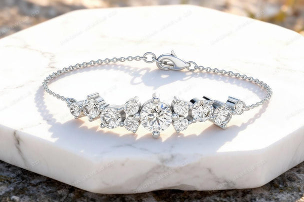 Round Diamond Station Bracelet, Solid Gold Chain Bracelet