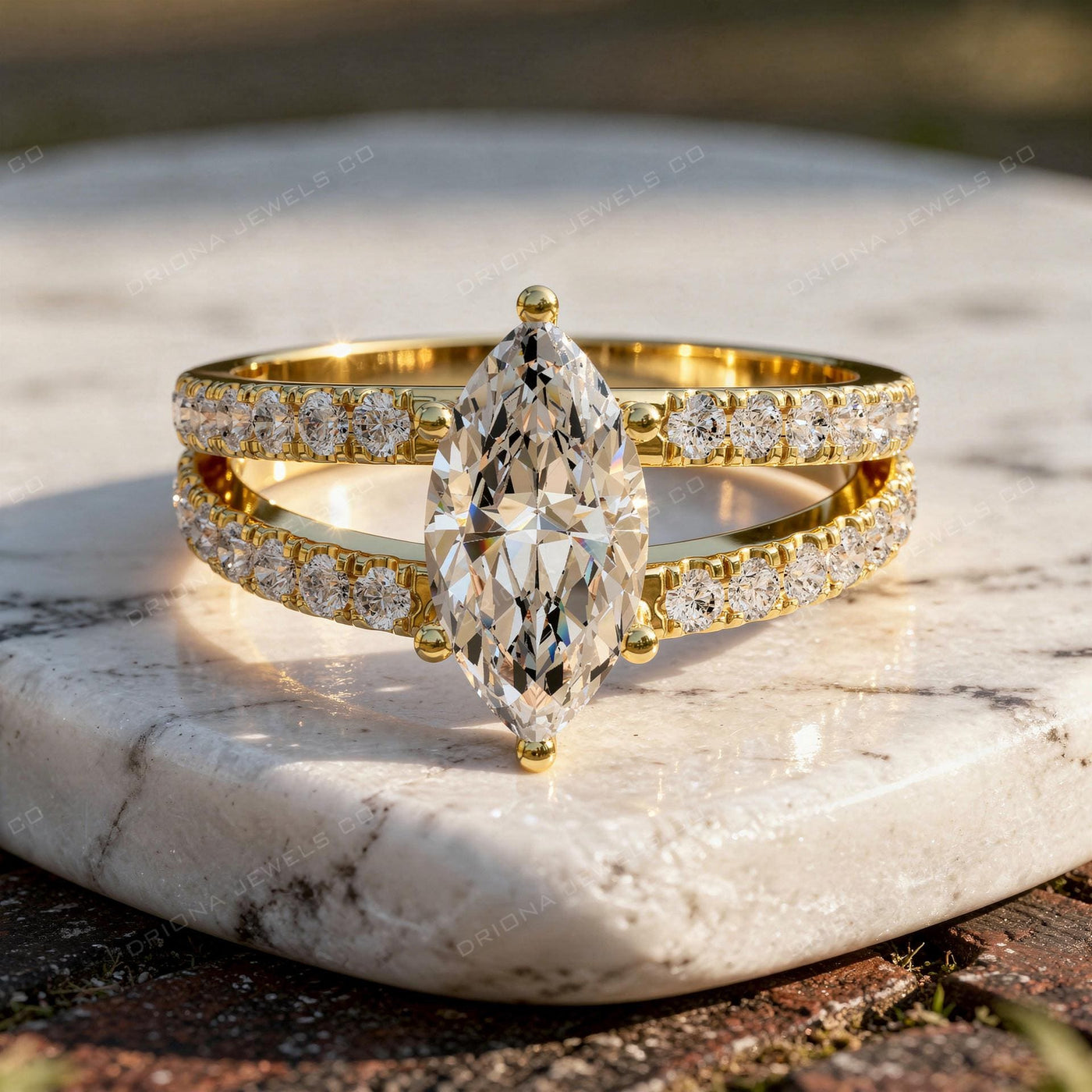 Marquise Engagement Ring with Double Pavé Band