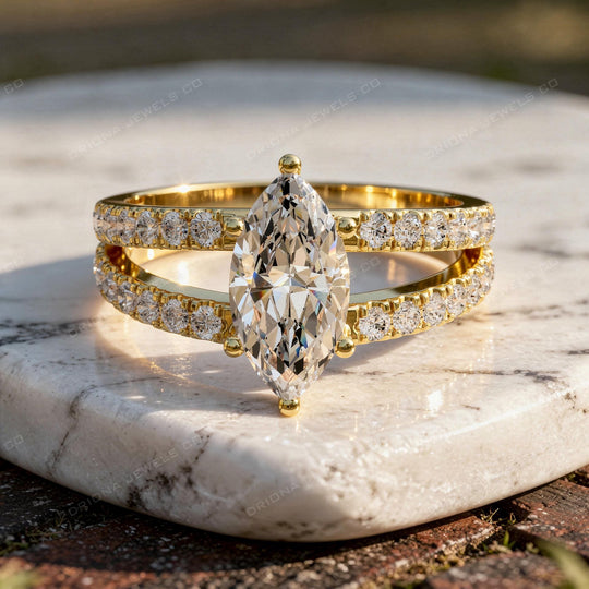 Marquise Engagement Ring with Double Pavé Band