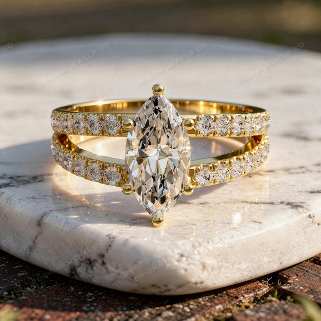 Marquise Engagement Ring with Double Pavé Band