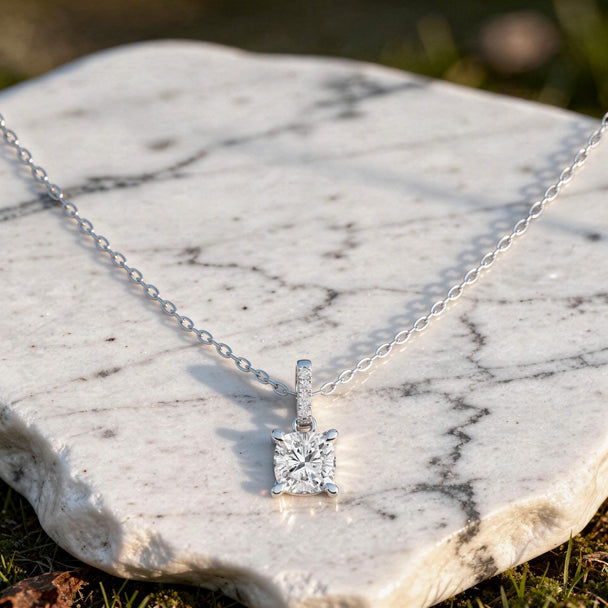 Cushion Cut Diamond Solitaire Pendant Necklace, Minimalist Bridal Jewelry