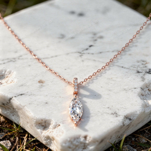Marquise Cut Diamond Solitaire Necklace, 14k Gold Prong Pendant