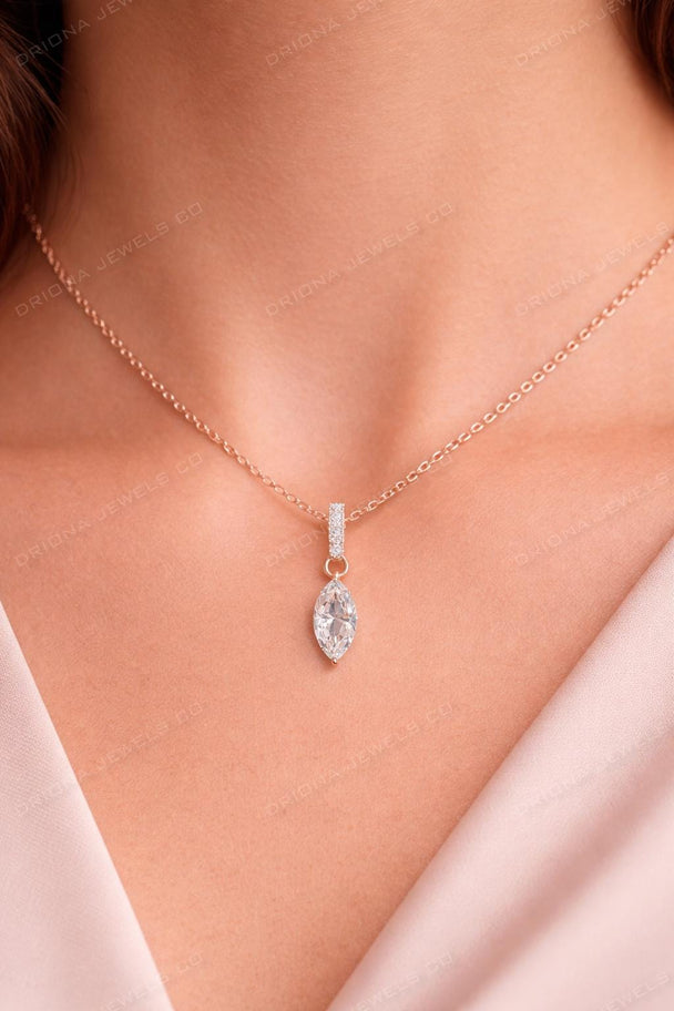 Marquise Cut Diamond Solitaire Necklace, 14k Gold Prong Pendant