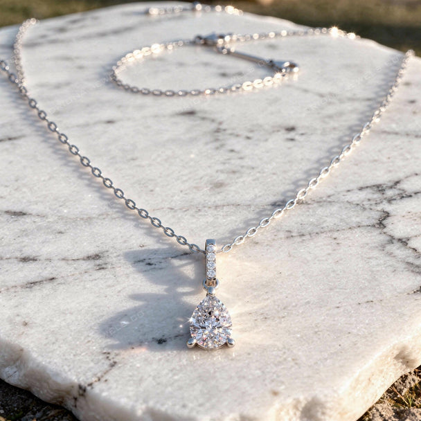 Pear Cut Diamond Pendant Necklace, Teardrop Solitaire, Prong Set