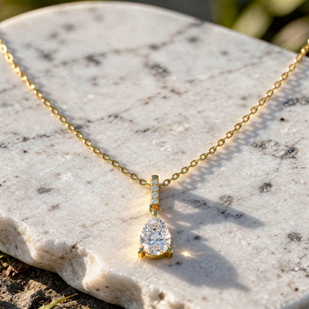 Pear Cut Diamond Pendant Necklace, Teardrop Solitaire, Prong Set