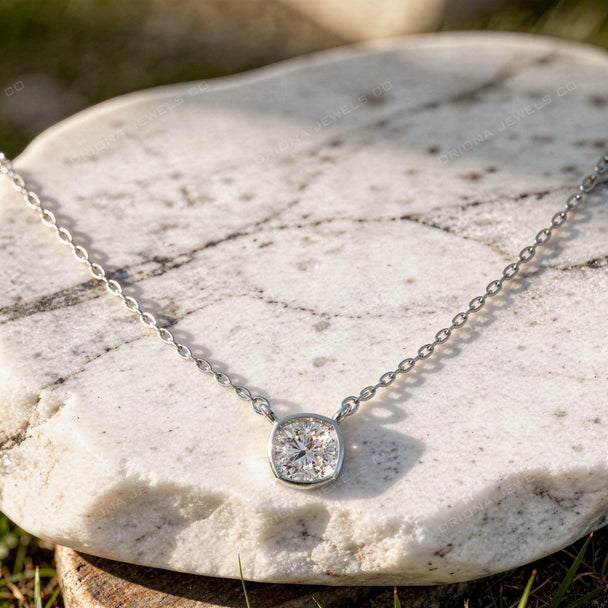 Cushion Cut Lab Grown Diamond Necklace, Bezel Solitaire Pendant