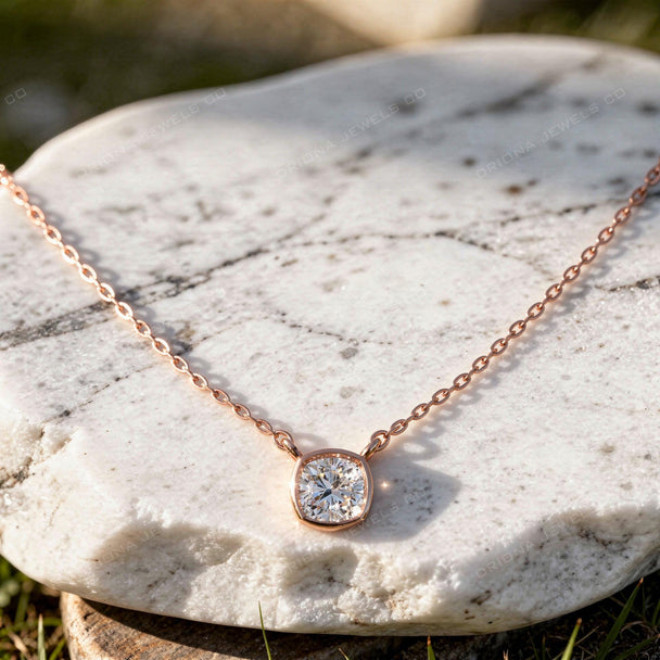 Cushion Cut Lab Grown Diamond Necklace, Bezel Solitaire Pendant