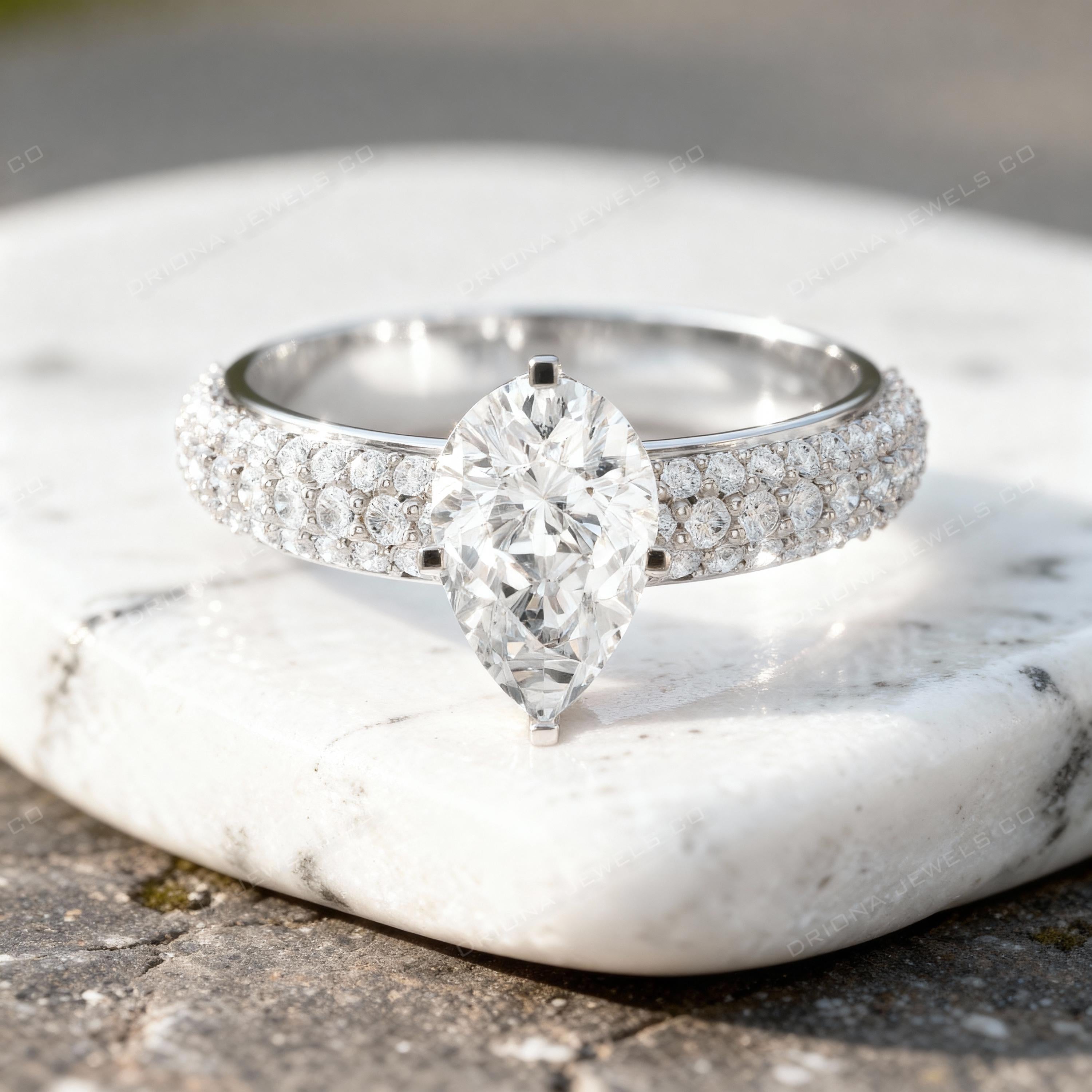 Pear Cut Engagement Ring Triple Pavé Band Teardrop Solitaire Ring