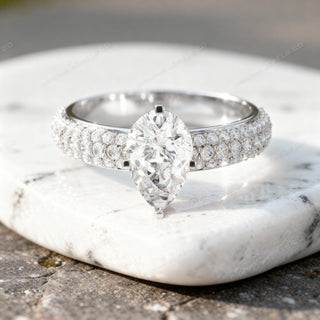 Pear Cut Engagement Ring Triple Pavé Band Teardrop Solitaire Ring