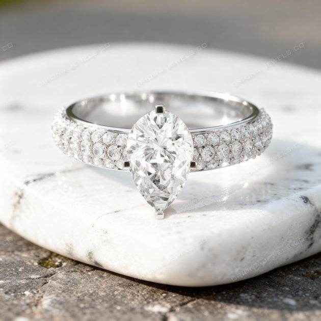 Pear Cut Engagement Ring Triple Pavé Band Teardrop Solitaire Ring