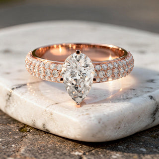 Pear Cut Engagement Ring Triple Pavé Band Teardrop Solitaire Ring