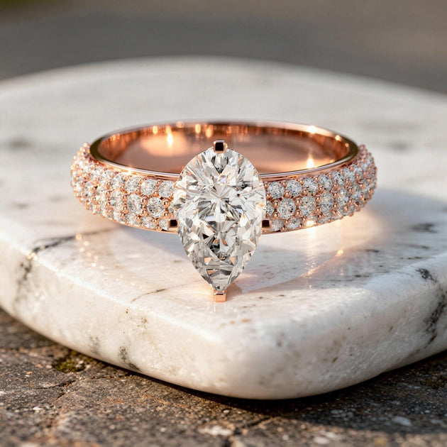 Pear Cut Engagement Ring Triple Pavé Band Teardrop Solitaire Ring