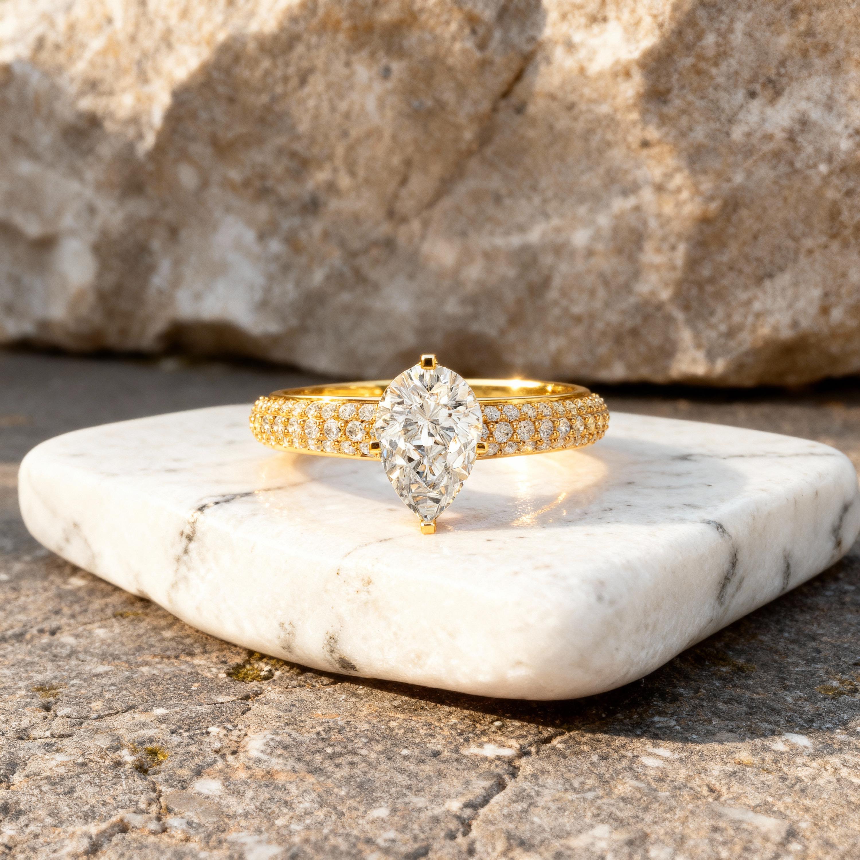 Pear Cut Engagement Ring Triple Pavé Band Teardrop Solitaire Ring