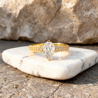 Pear Cut Engagement Ring Triple Pavé Band Teardrop Solitaire Ring