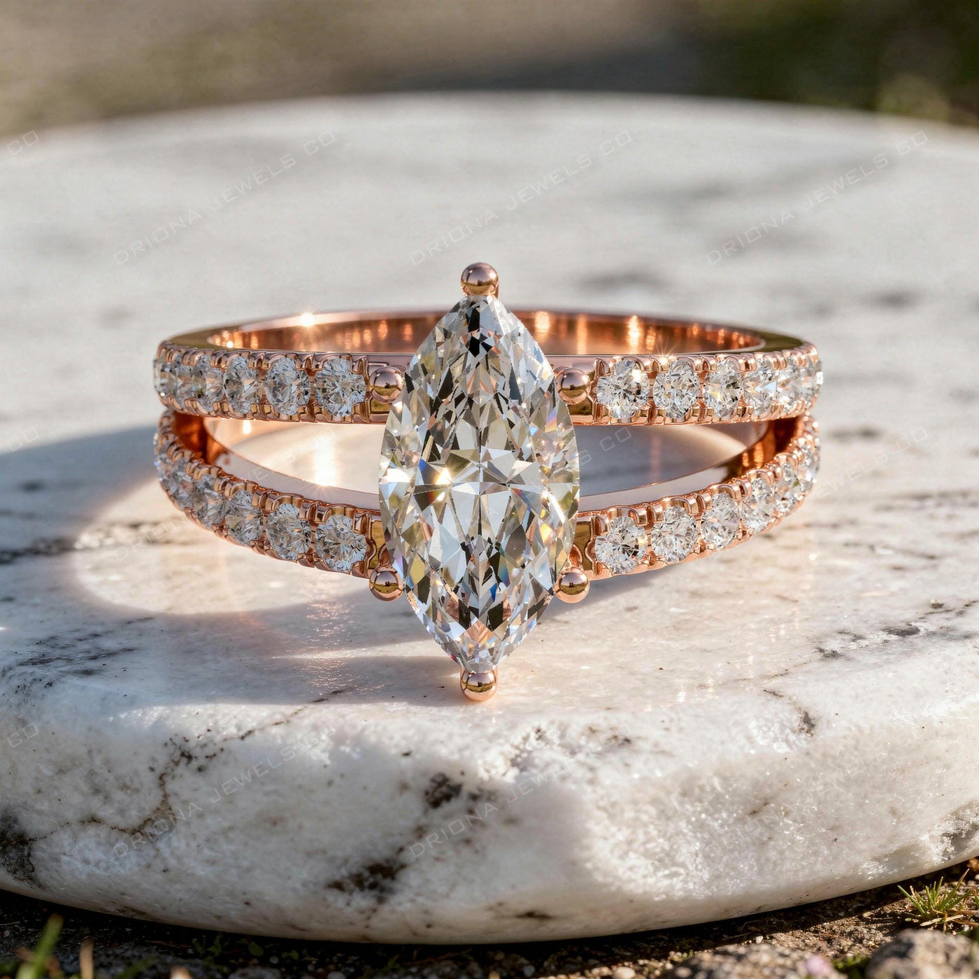 Marquise Engagement Ring with Double Pavé Band
