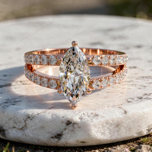 Marquise Engagement Ring with Double Pavé Band